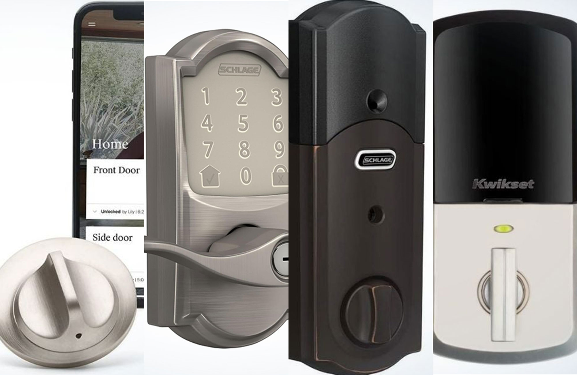 A lineup of the best smart locks on a blue and white background