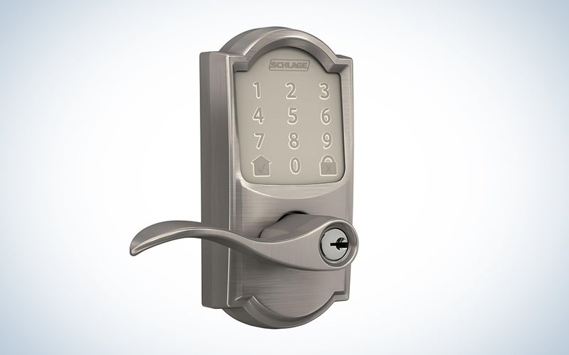 A Schlage keyless touchscreen lock on a blue and white background