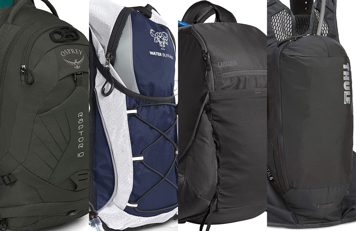 A lineup of the best hydration packs on a white background.