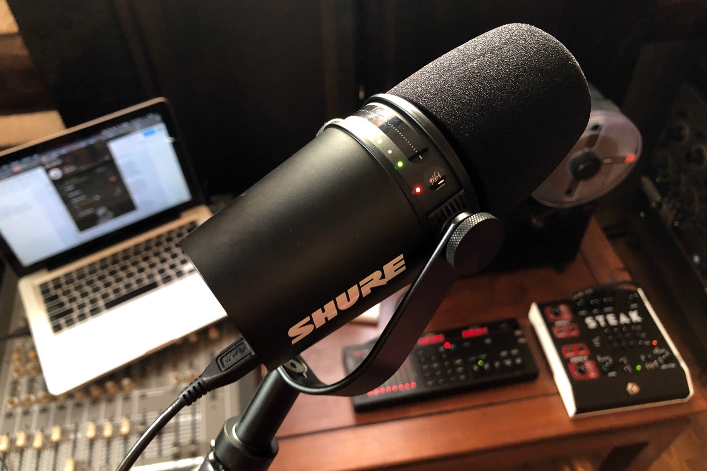 Shure MV7 podcasting microphone connected via USB