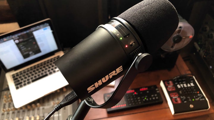 Shure MV7 podcasting microphone connected via USB