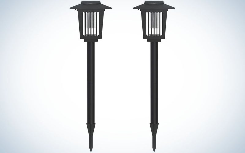 Two torches with sharp pointed and thin tails and above them a translucent lamp.