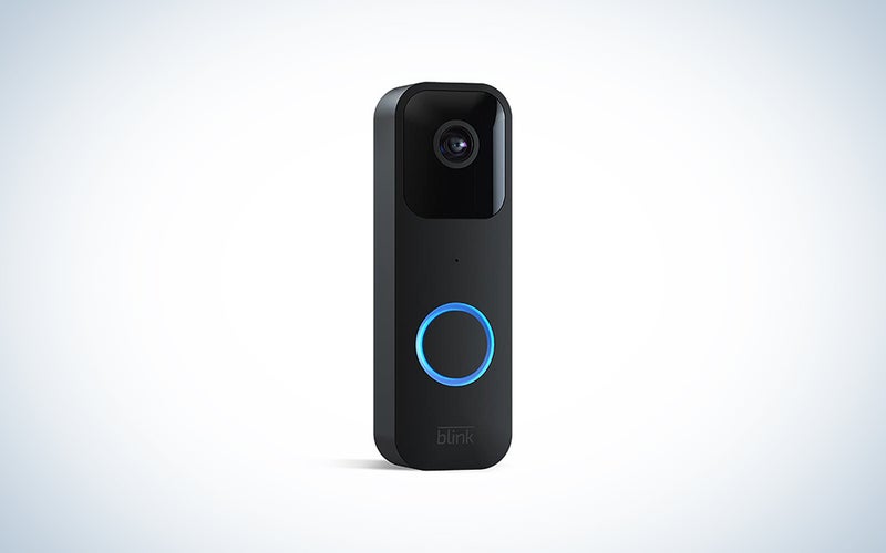 A black Blink video doorbell on a blue and white gradient background