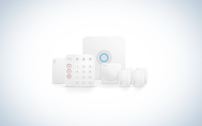 A Ring Alarm 8-piece home security system package on a blue and white gradient background