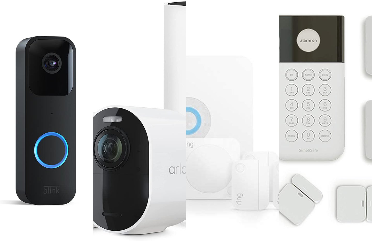 A lineup of the best home security systems on a white background