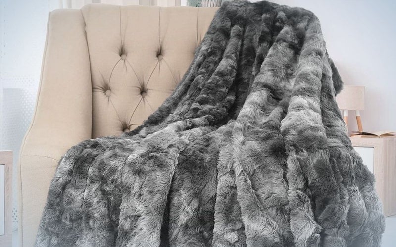 Thick, gray, fur throw blanket