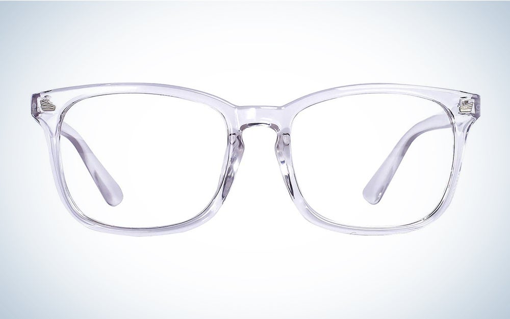 A pair of blue light glasses with a translucent frame on a blue and white background