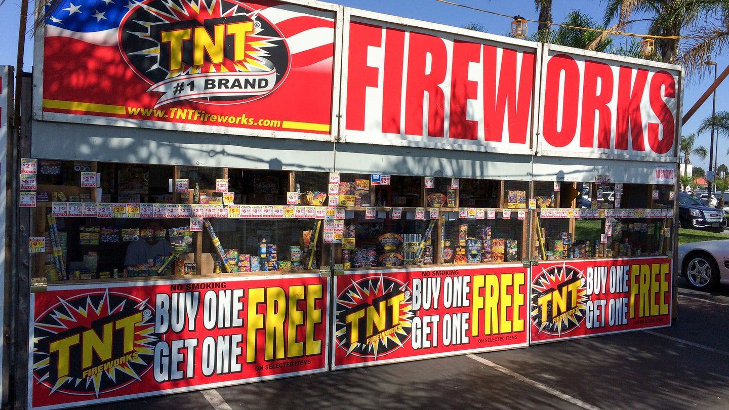 A fireworks stand with buy one get one free signs