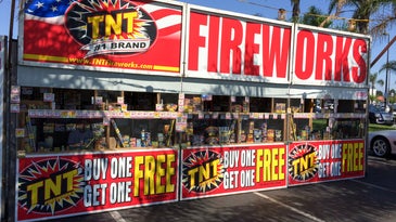 A fireworks stand with buy one get one free signs