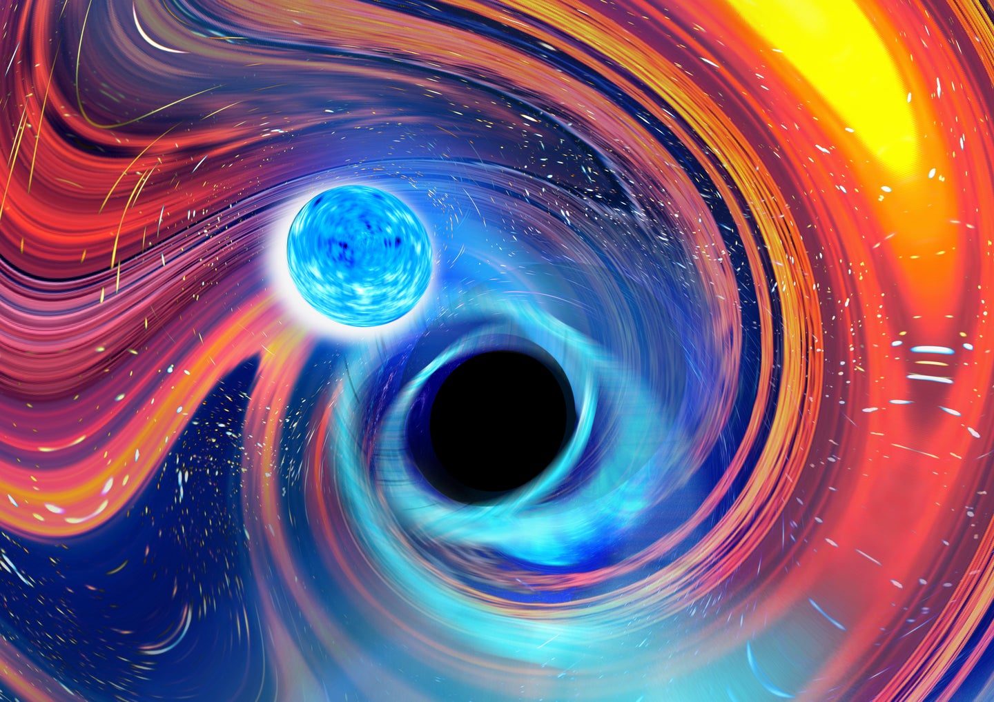 An artistic image inspired by a black hole-neutron star merger event, with lots of blue and red hues.