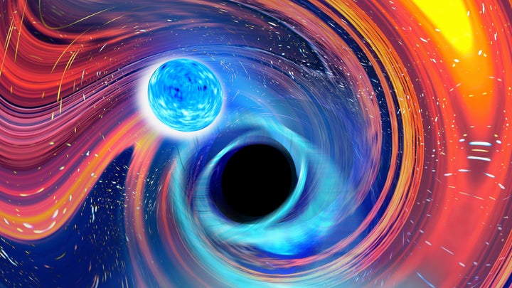 An artistic image inspired by a black hole-neutron star merger event, with lots of blue and red hues.