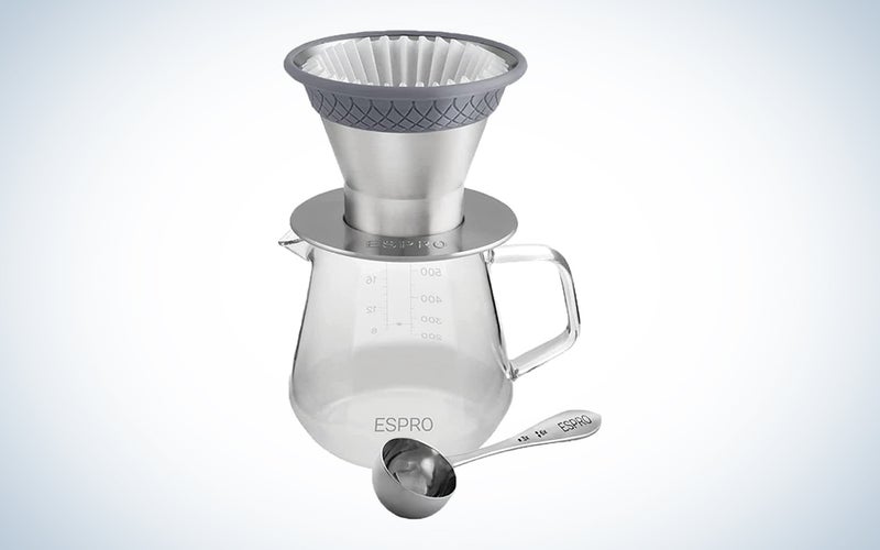 ESPRO Bloom pour-over kit with stainless steel filter dripper and borosilicate glass carafe