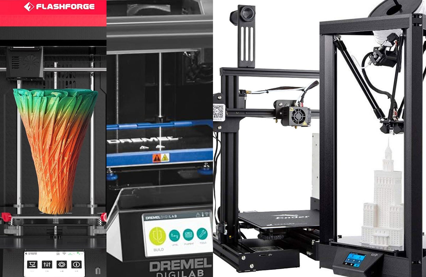 A lineup of the best 3D printers on a plain background.
