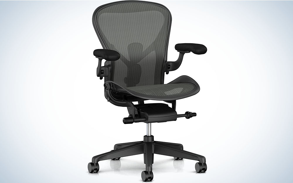 The black Herman Miller Aeron Chair against a plain background.