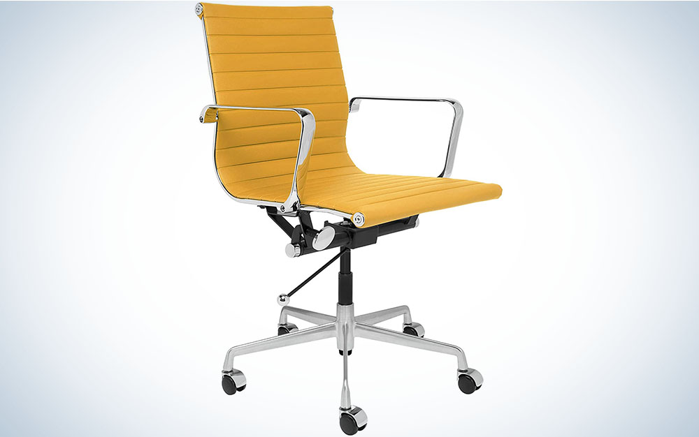 This modern bright yellow Laura Davidson SOHO Office Chair has steel armrests and is set against a plain background.
