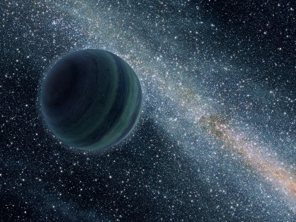 A bluish planet floats in space without a star to orbit