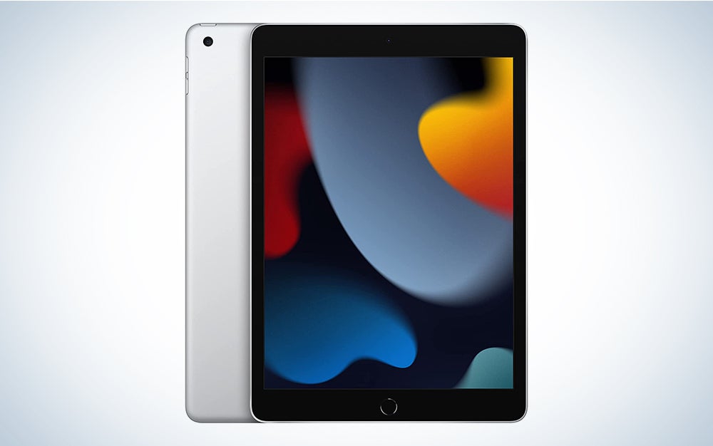 A 9th generation ipad on a blue and white background
