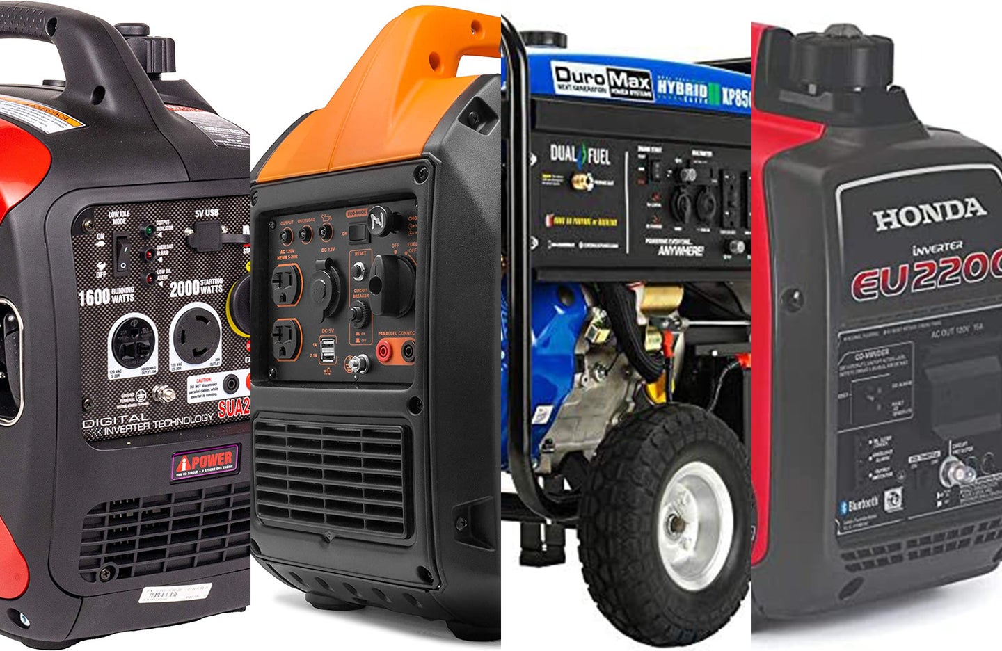 A lineup of the best gas generators on a white background