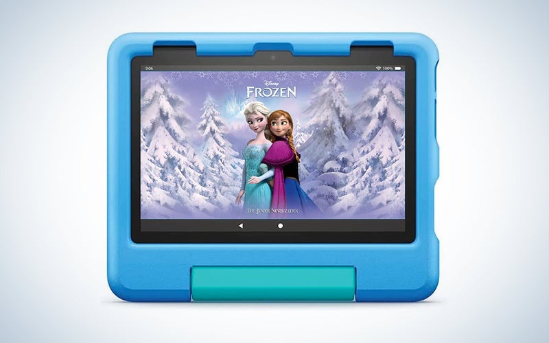 A Amazon Fire HD 8 Kids tablet in a light blue case on a blue and white background.