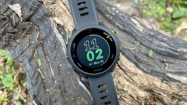 Garmin Forerunner 55 smartwatch on a log