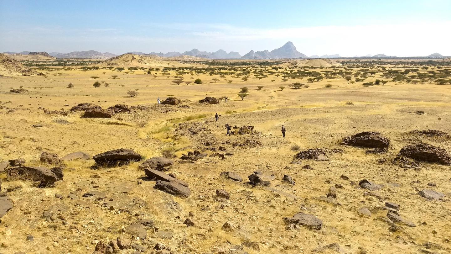 desert landscape dotted by qubbas or tombs