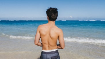 Shirtless person looking out at the ocean and beach