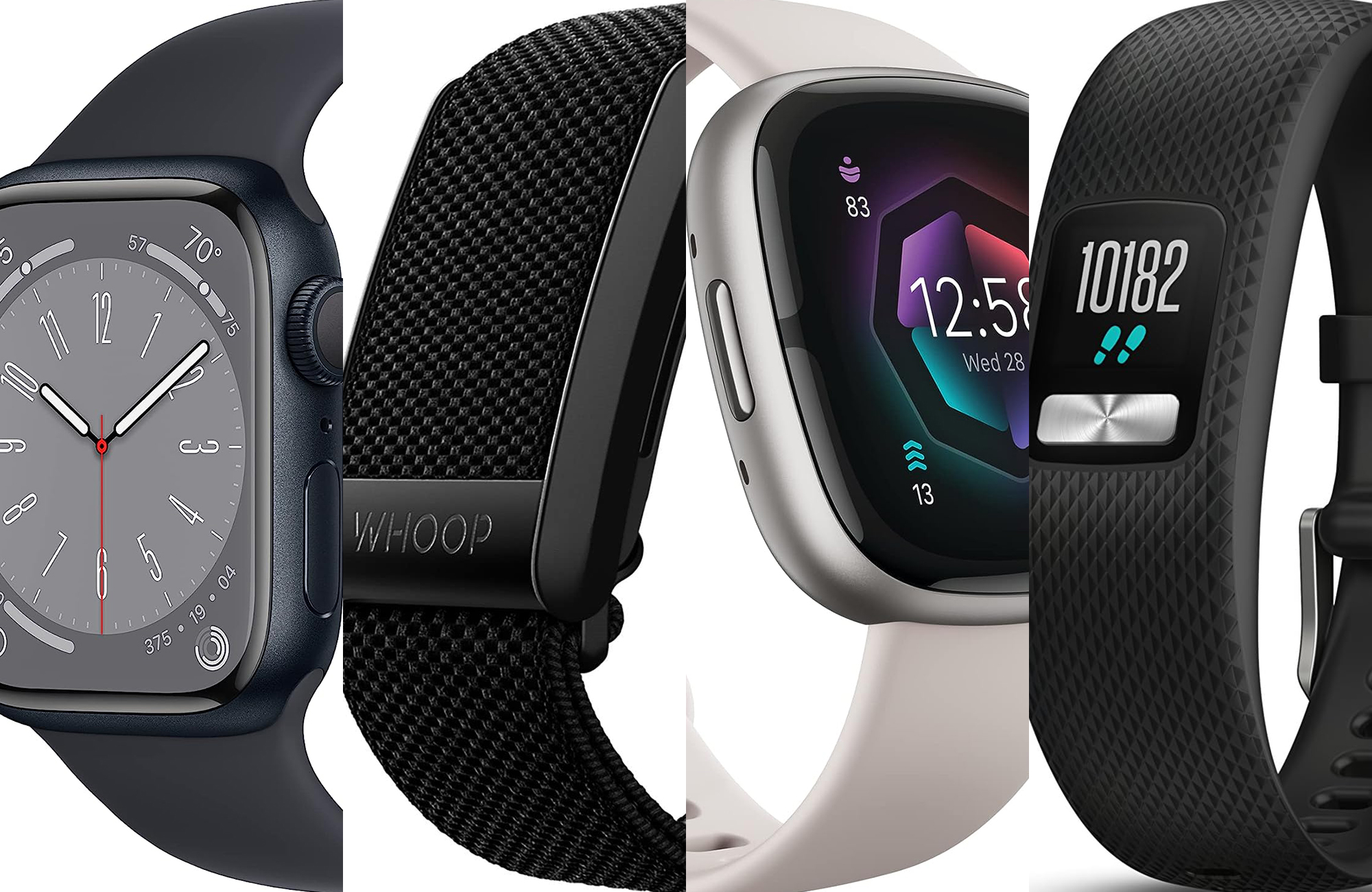 Four fitness trackers sliced together against a white background