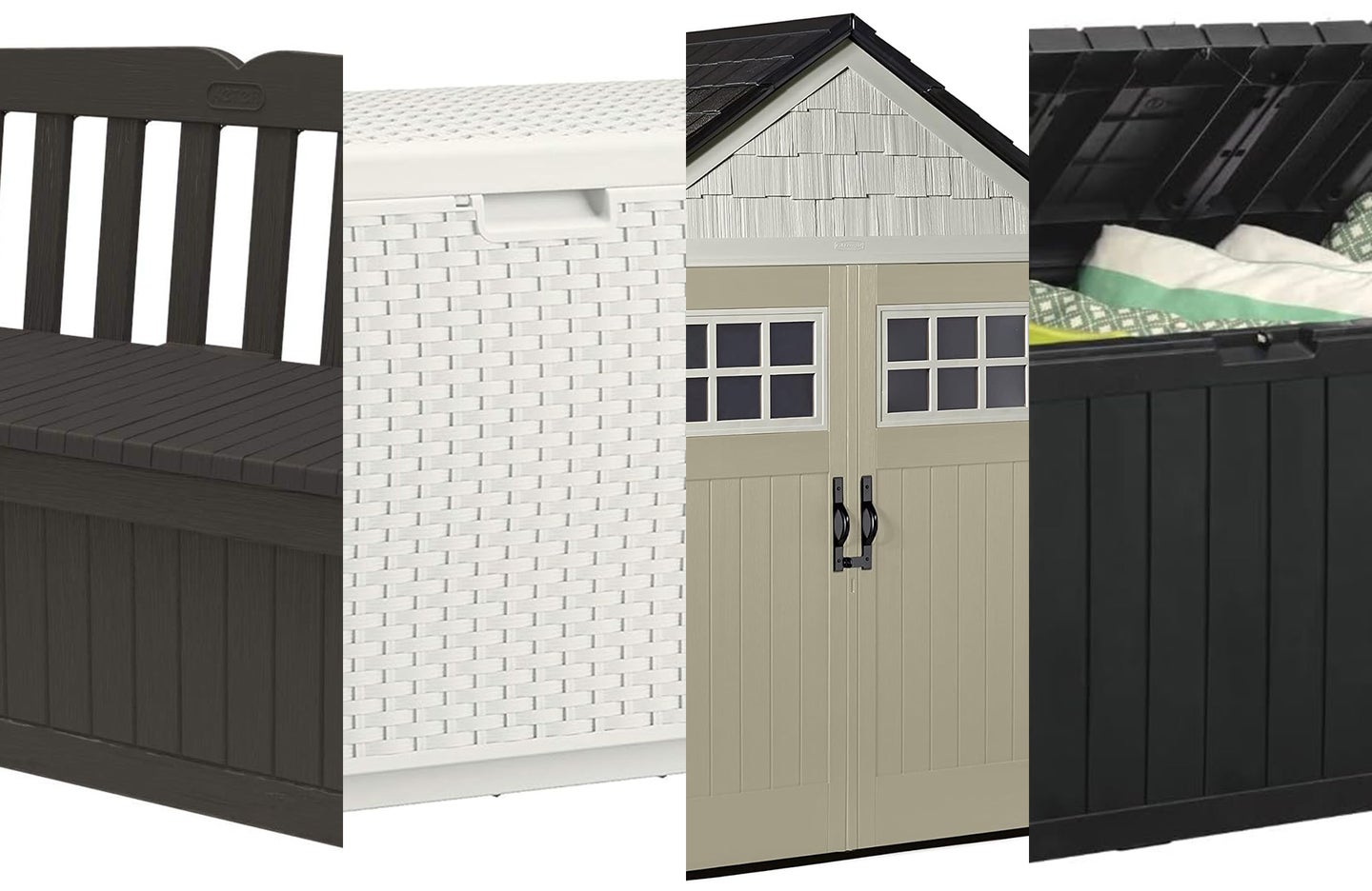 A lineup of the best storage sheds on a white background