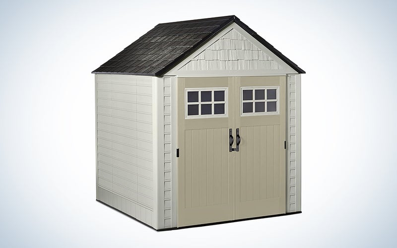 A Rubbermaid outdoor storage shed on a blue and white background