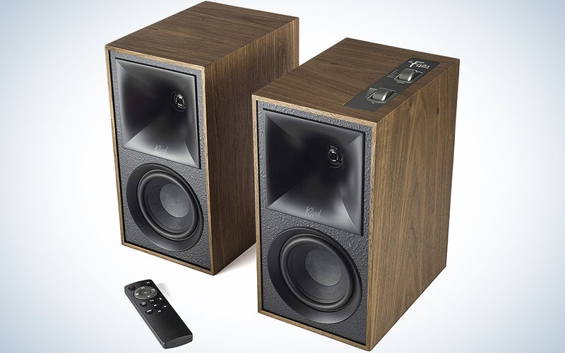 Klipsch The Fives bookshelf speakers in brown with remote