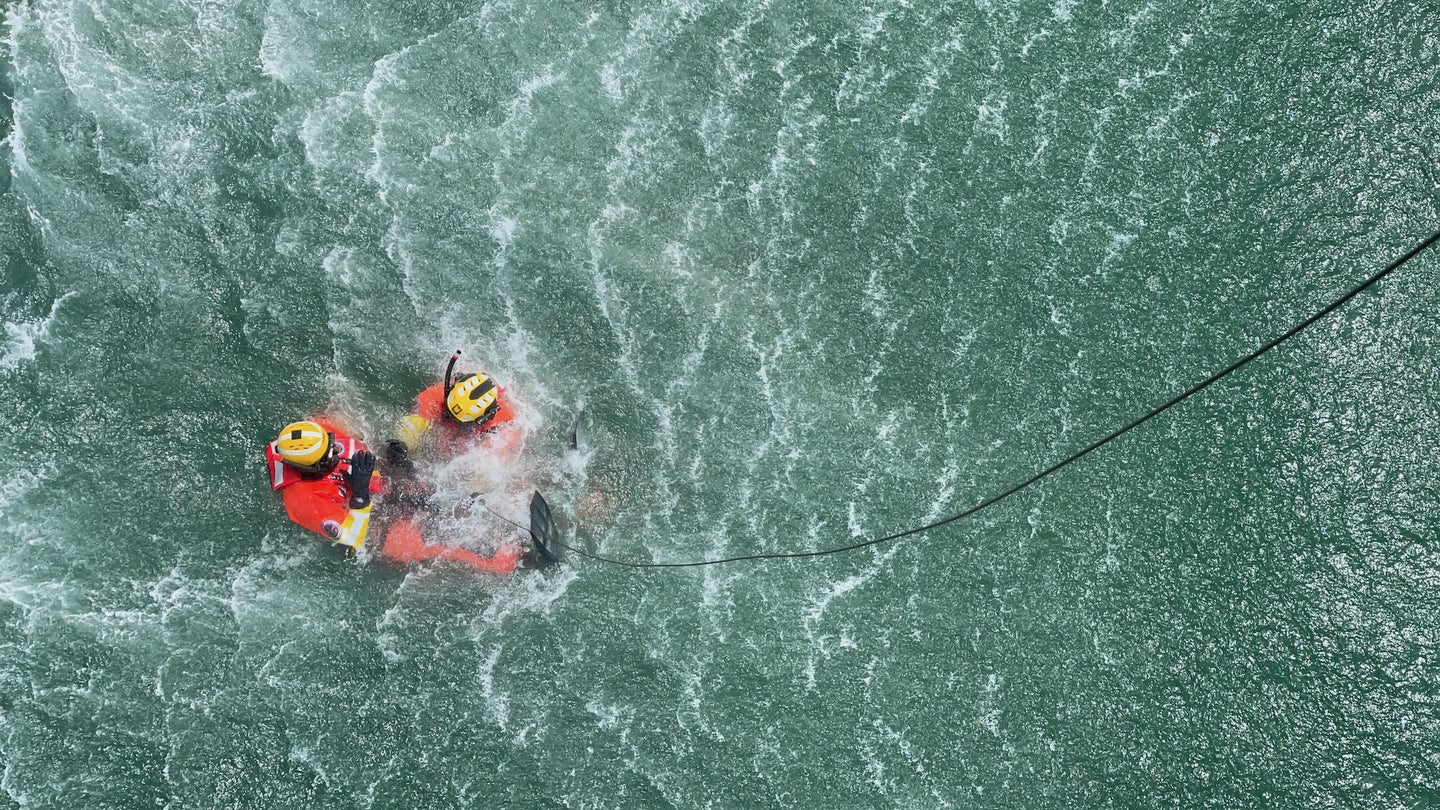 A practice Coast Guard rescue in the ocean