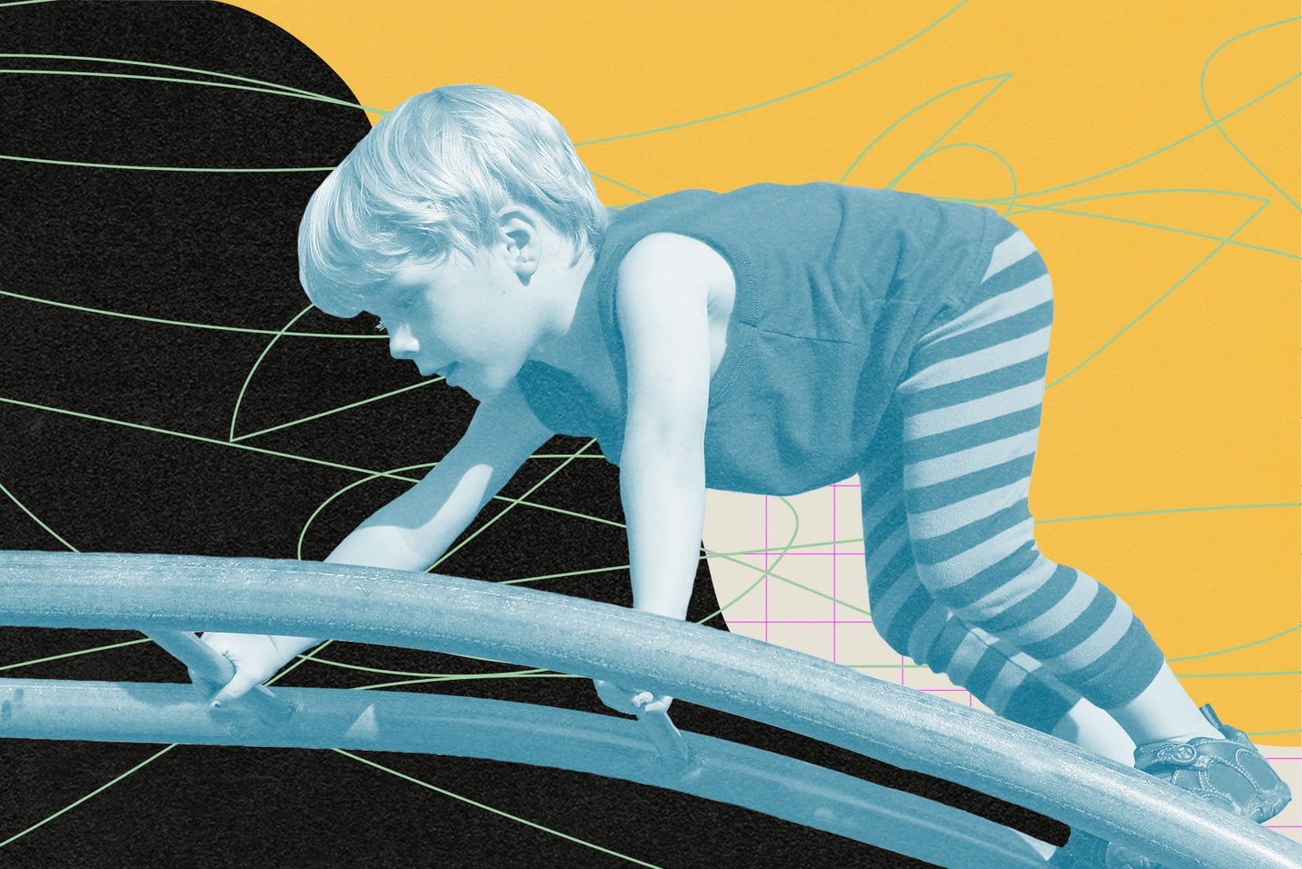 A child wearing a dark t-shirt and striped leggings climbs a playground structure. The child and structure are greyscale against a yellow, beige, black, pink, and green abstract background.