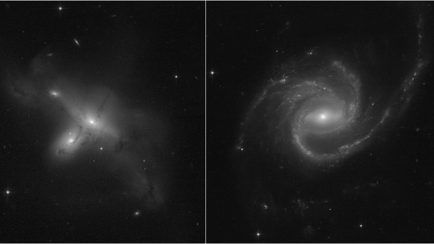 A black and white, side-by-side photo of galaxies. On the left, a pair of interacting galaxies. On the right, an usual three-armed spiral galaxy.