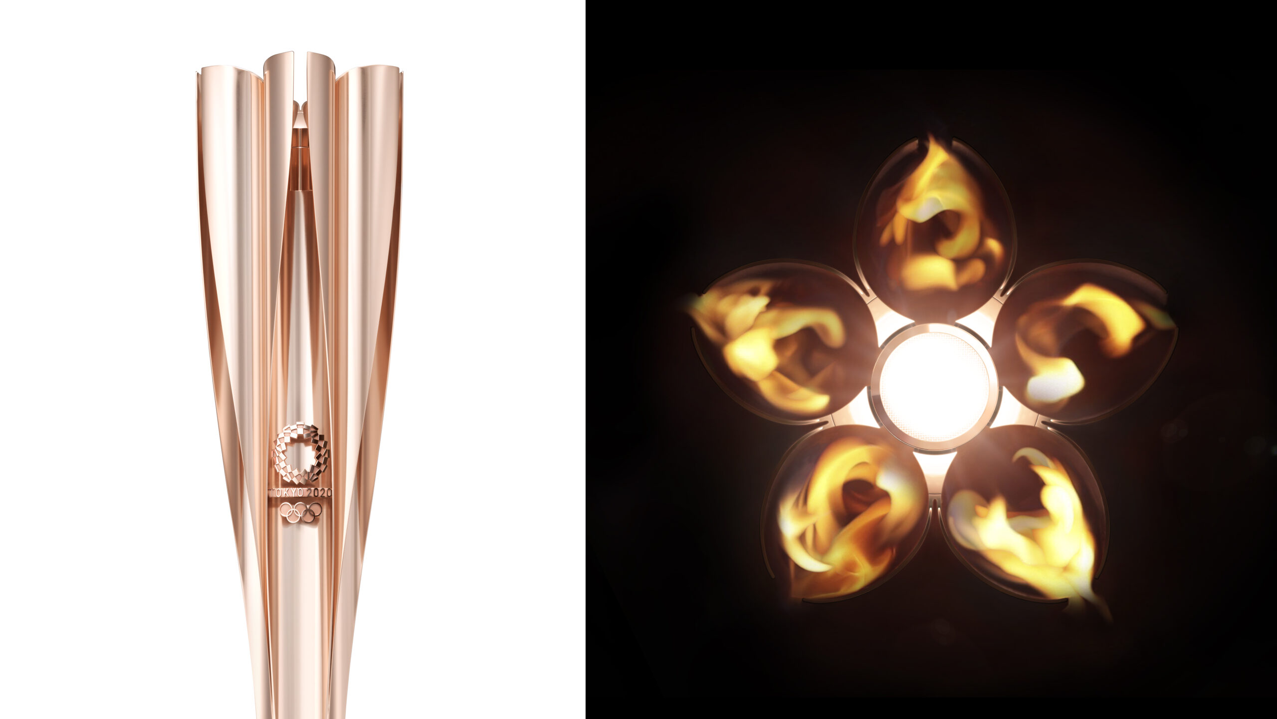 On the left, a side view of the Tokyo 2020 Olympic torch shows the official logo and the rose-gold color of the flower-shaped torch. On the right, a top view of the torch while lit displays the five petals and central flame of the cherry blossom.