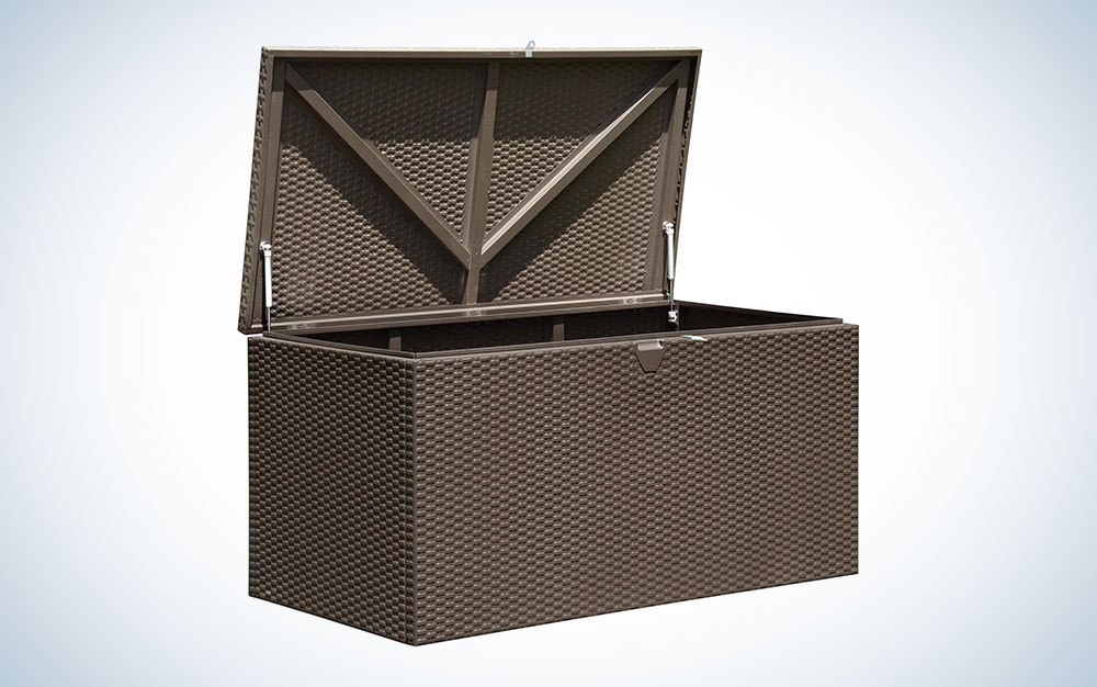 A brown Arrow 4' x 2' x 2' Spacemaker Espresso 134 Gallon Hot-Dipped Galvanized Steel Storage Deck Box on a plain background
