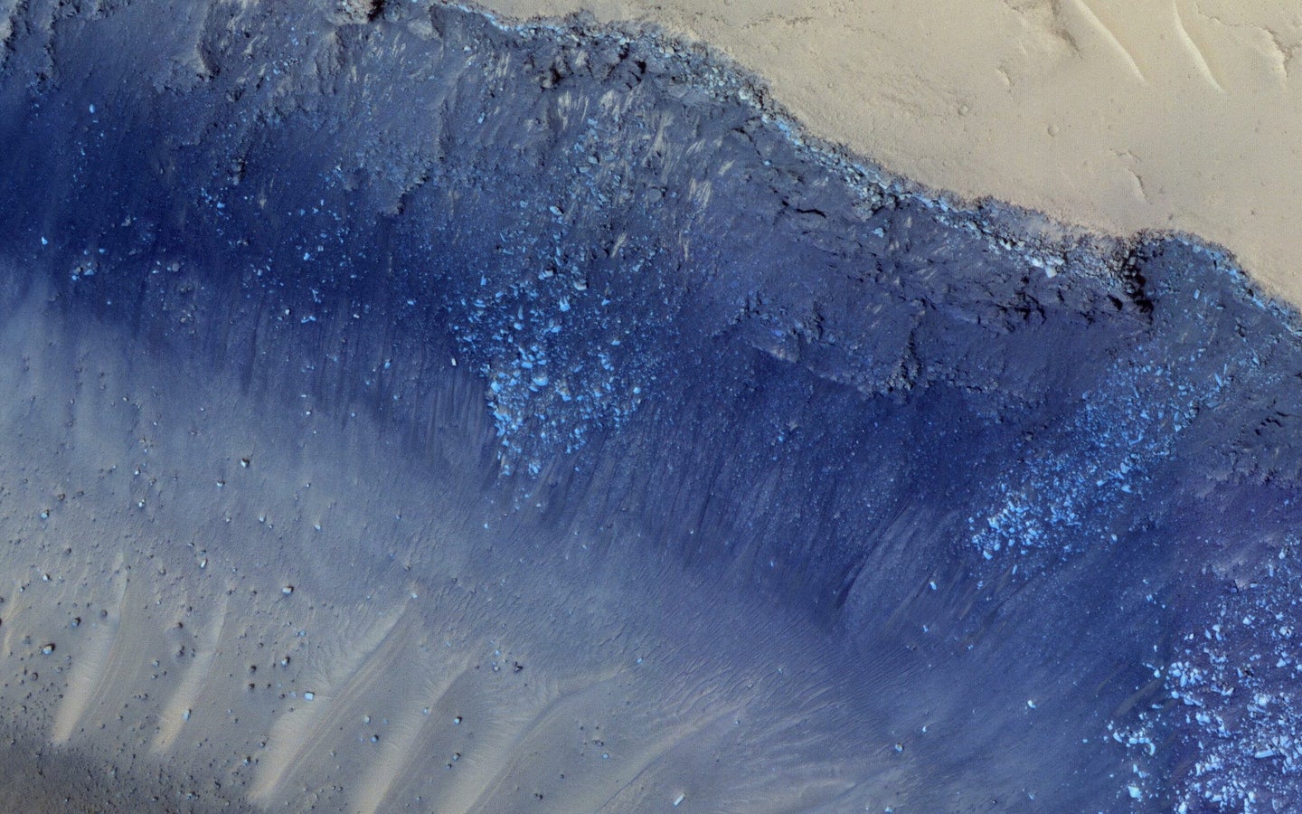 A blue-colored cliff on Mars.