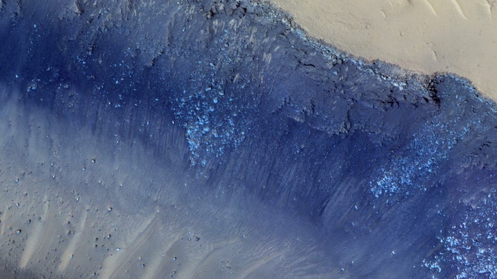 A blue-colored cliff on Mars.