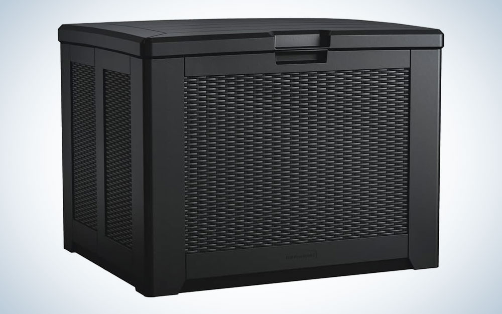 A black Rubbermaid Medium Resin Outdoor Storage Deck Box on a plain background