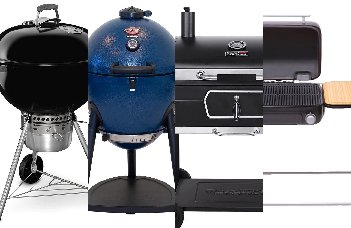 A lineup of the best charcoal grills on a white background