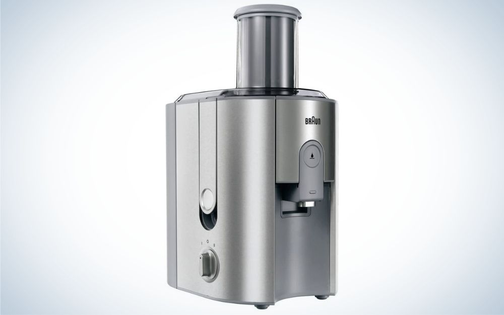 Grey, stainless steel spin juicer
