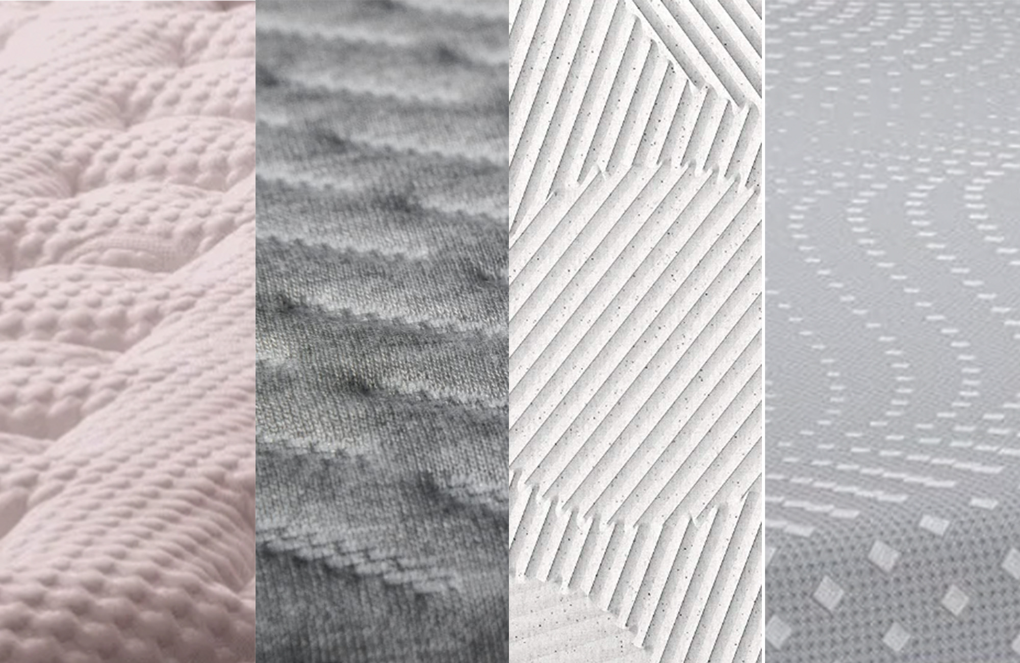 Textured details of mattresses from Helix, Tuft & Needle, Sealy, and Casper.