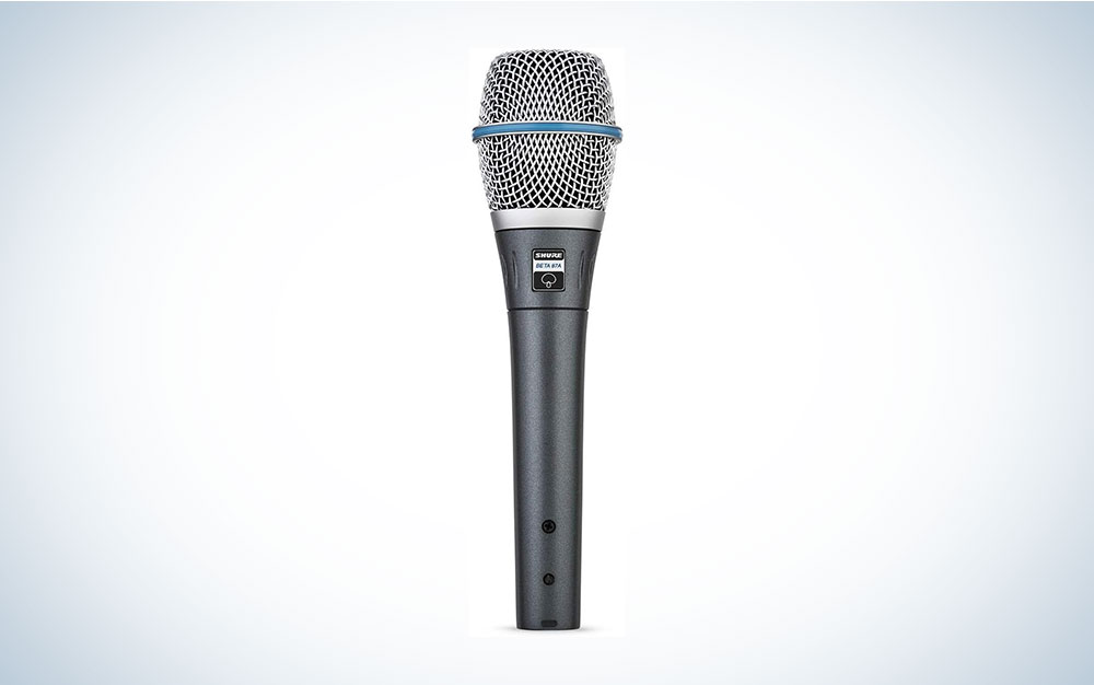 A Shure Beta 87A condenser mic on a blue and white background.