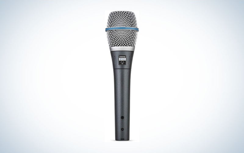 A Shure Beta 87A condenser mic on a blue and white background.