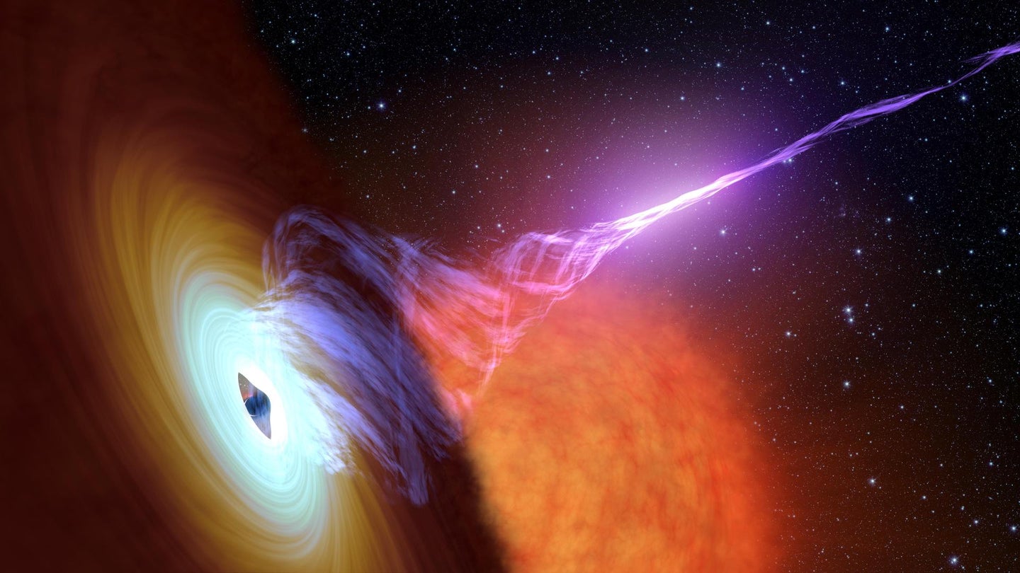 An artist's depiction of a black hole with an accretion disk, a flat structure of material orbiting the black hole, and a jet of hot gas launching out from the center, called plasma.