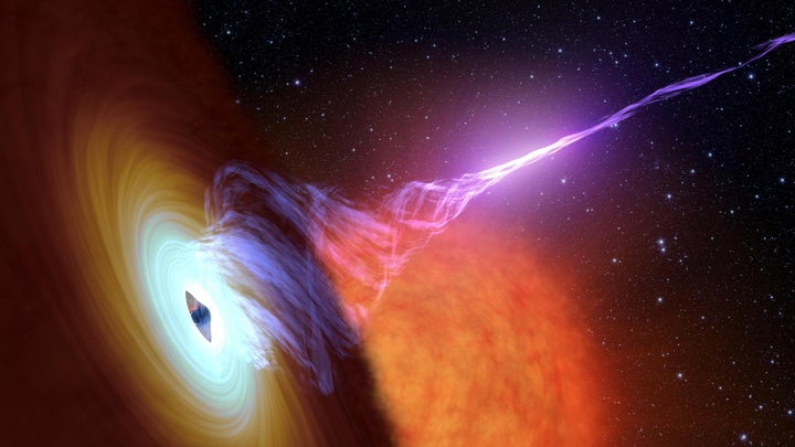 An artist's depiction of a black hole with an accretion disk, a flat structure of material orbiting the black hole, and a jet of hot gas launching out from the center, called plasma.
