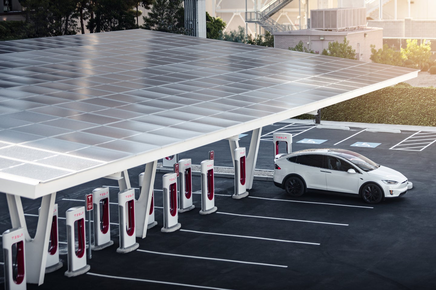 Tesla supercharging station.