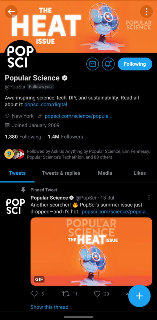 Screenshot of the Popular Science Twitter profile on dark mode