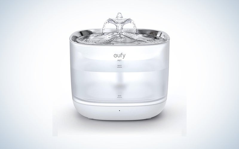 eufy pet water fountain on top of white gradient background