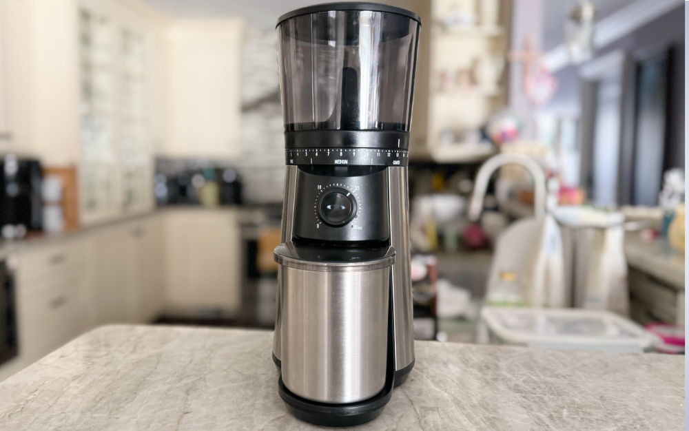 OXO Brew Conical Burr Coffee Grinder on a countertop.