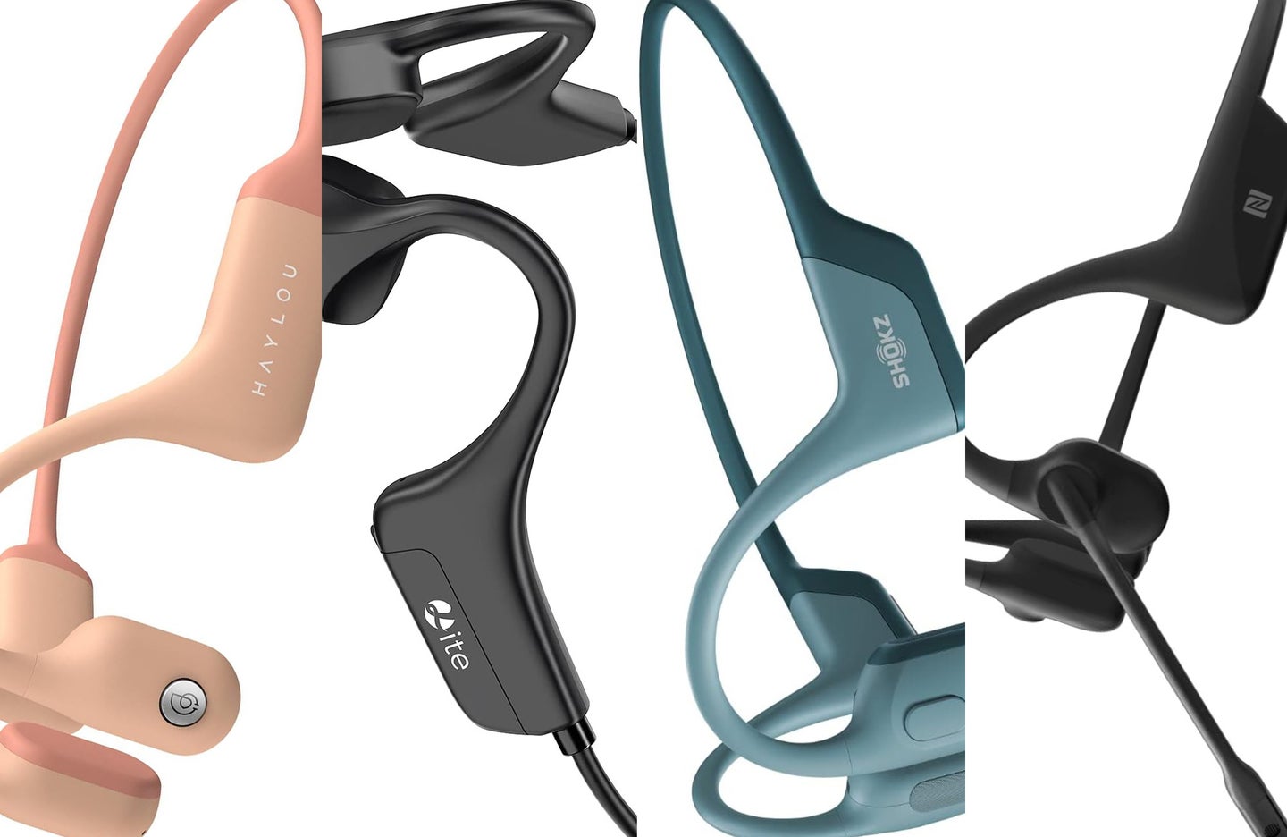Four of the best bone-conduction headphones are sliced together against a white background.